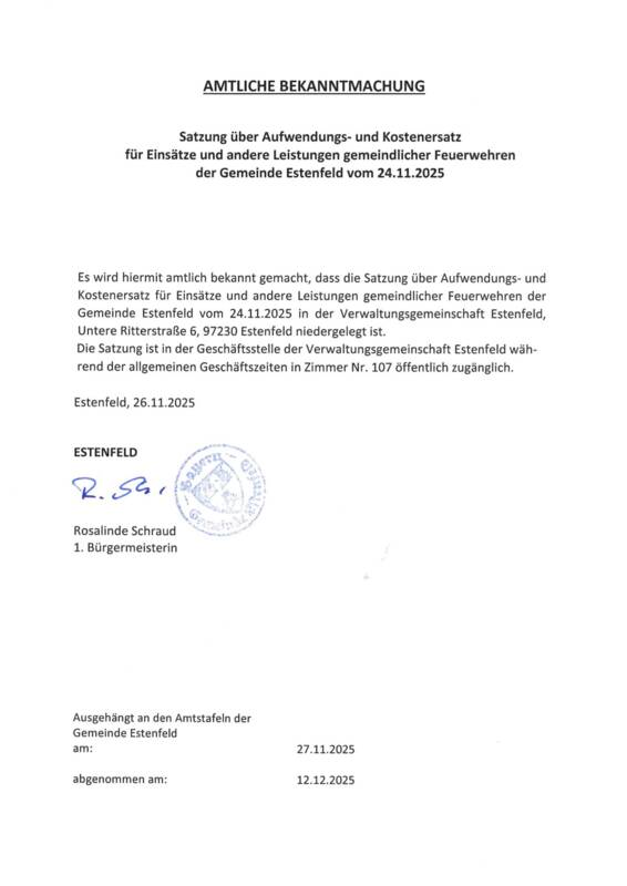 Bekanntmachung Satzung über Aufwendungs- und Kostenersatz für Einsätze und andere Leistungen gemeindlicher Feuerwehren der Gemeinde Estenfeld vom 24.11.2025