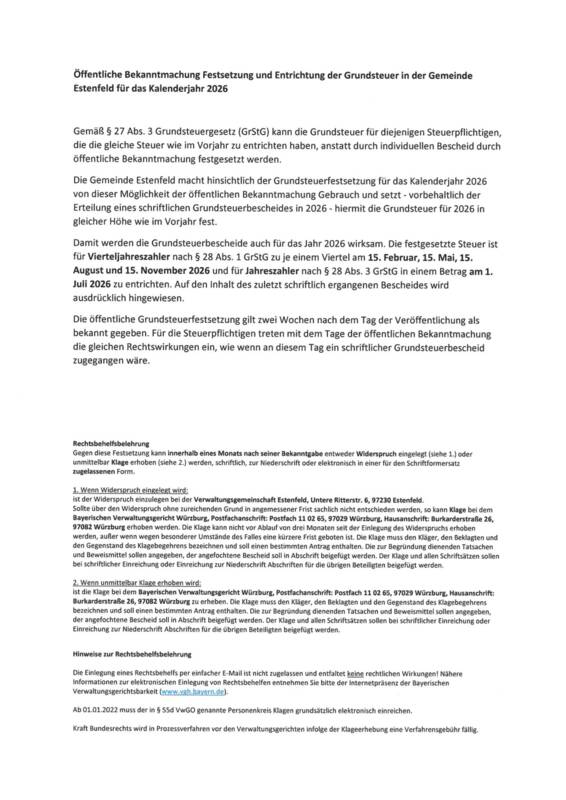 Bekanntmachung Grundsteuer Estenfeld