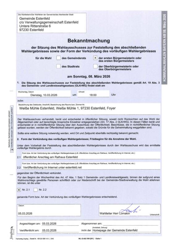 Estenfeld Sitzung Wahlausschuss abschl. Ergebnis und Verkündung vorl. Ergebnis 