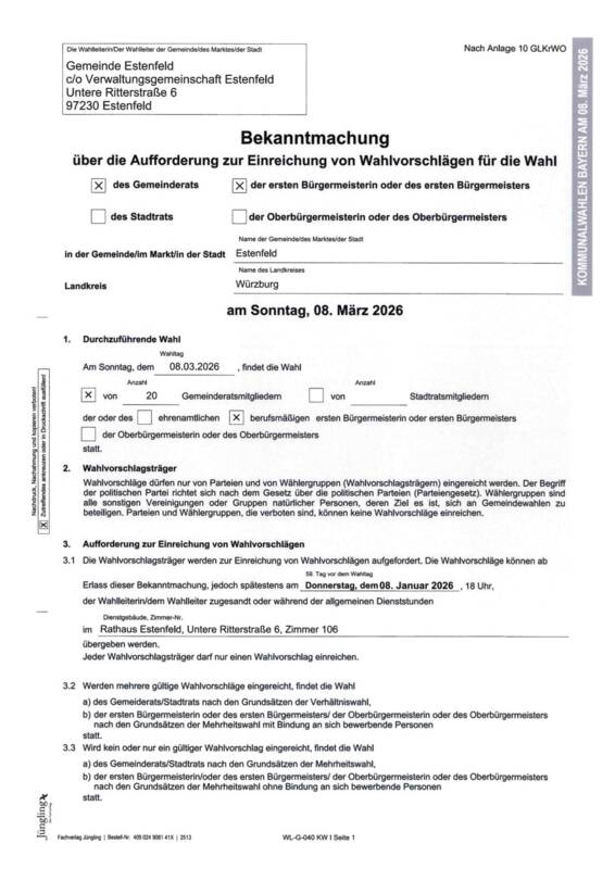 Bekanntmachung über die Aufforderung zur Einreichung von Wahlvorschlägen für die Wahl